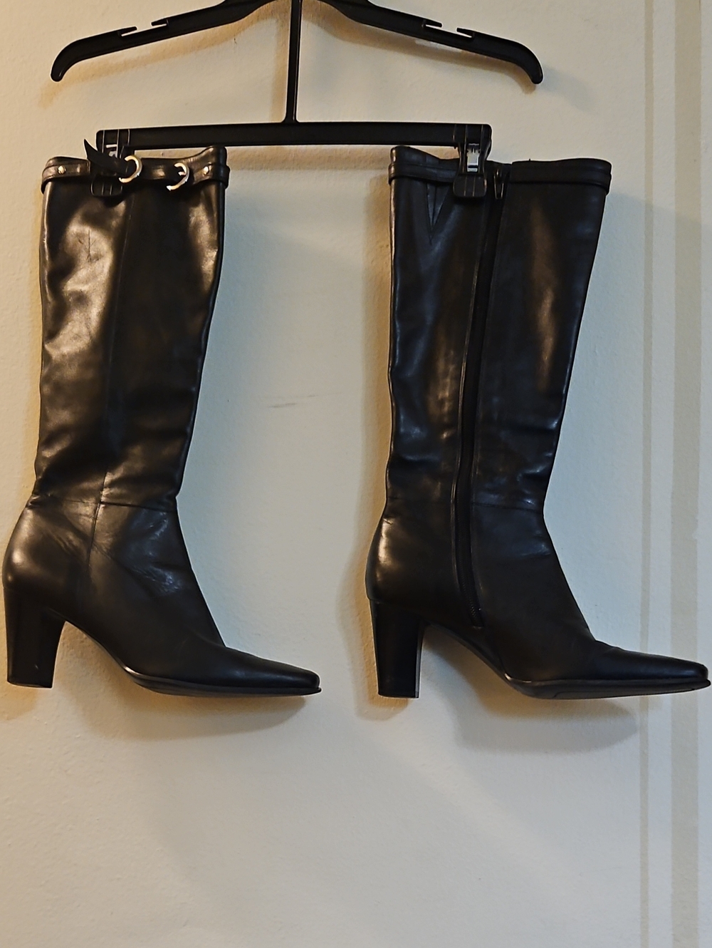Michelle D Black Leather Under-the-Knee Boots with Buckle Strap